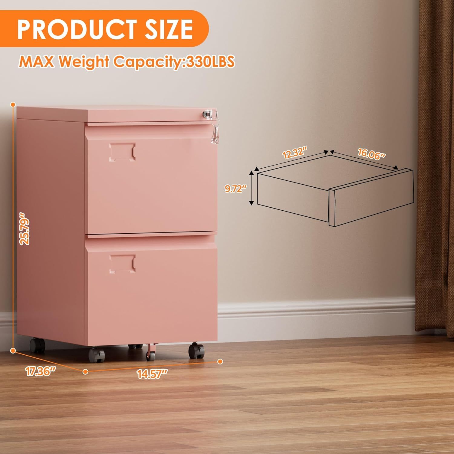2 Drawer Mobile File Cabinet With Lock, Under Desk Metal Filing Cabinet For Office, Home,Vertical Cabinet Legal Letter Size, Need To Assembled - Image 7